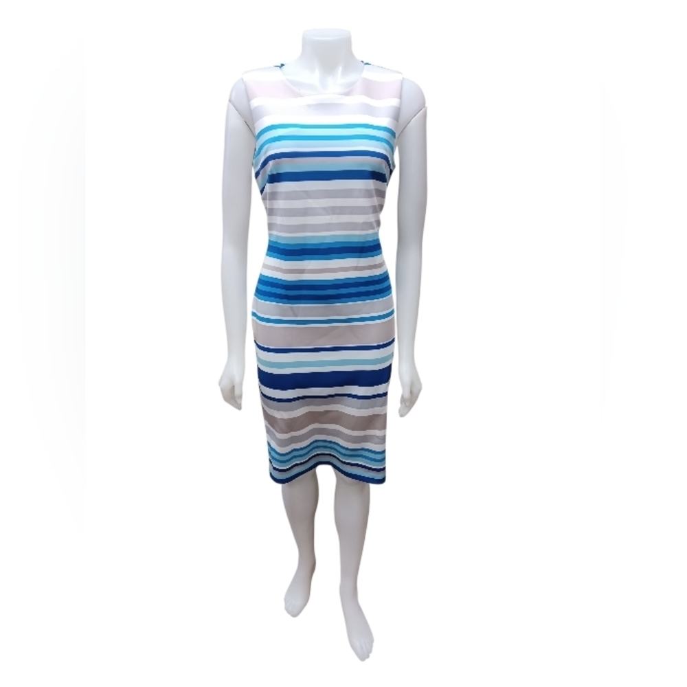 Calvin Klein Body Con Dress Blue/Grey/White Stripe Size 10 EUC